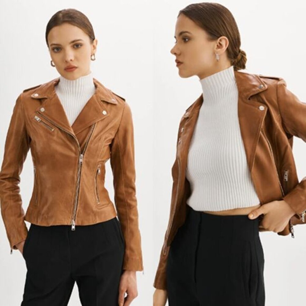 NEW Lamarque Long Sleeve Classic Moto Crafted Leather Jacket Brown Size: Small